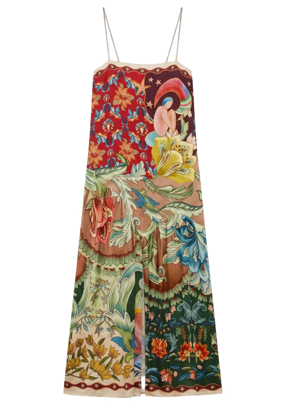 Lunar Boho Maxi Dress, a sleeveless, colorful, multi-patterned boho maxi dress featuring a celestial print with flowers, stars, and a stylized figure.