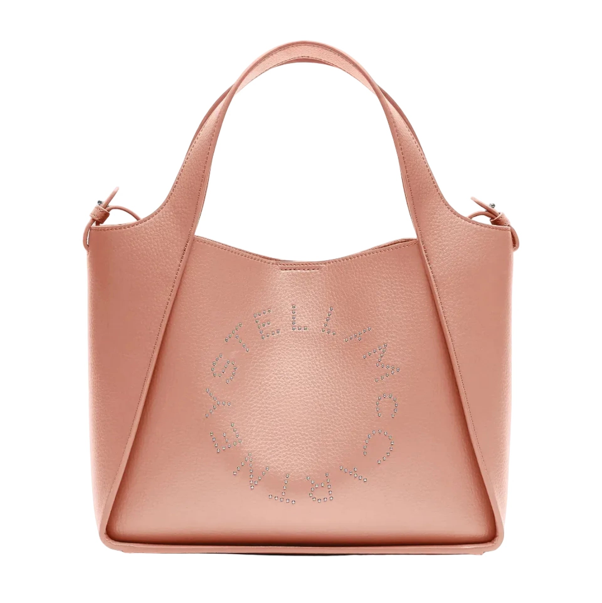 The Stella McCartney Logo Crossbody Tote Bag features blush pink vegan leather, top handles, and a perforated circular logo on the front.
