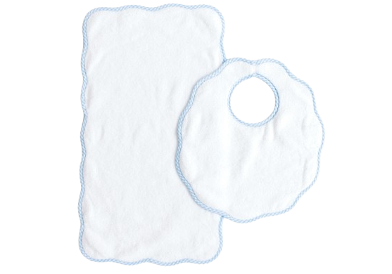 The Terry Tots Bib & Burp Set, featuring a white rectangular burp cloth and a round bib with blue scalloped edges, is displayed on a plain background—perfect essentials for those special feeding moments.