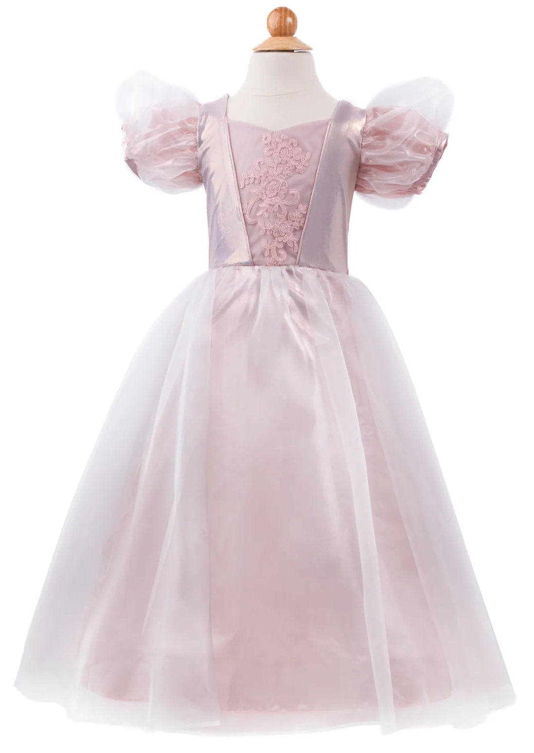 The Great Pretenders Platinum Princess Gown—a child-sized pink satin dress with sheer short puff sleeves, a floral lace bodice, and a layered tulle skirt—perfect for dress-up play—is displayed on a mannequin.