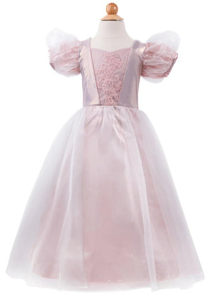 The Great Pretenders Platinum Princess Gown—a child-sized pink satin dress with sheer short puff sleeves, a floral lace bodice, and a layered tulle skirt—perfect for dress-up play—is displayed on a mannequin.