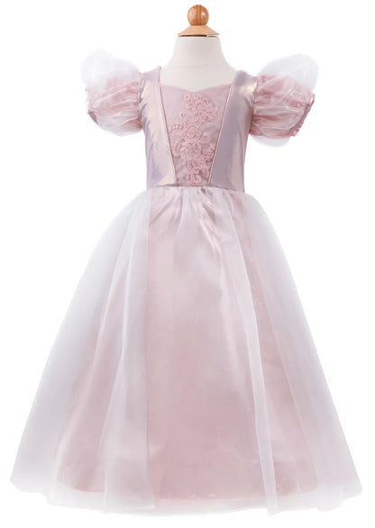 The Great Pretenders Platinum Princess Gown—a child-sized pink satin dress with sheer short puff sleeves, a floral lace bodice, and a layered tulle skirt—perfect for dress-up play—is displayed on a mannequin.