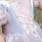 A child wearing the Great Pretenders Platinum Princess Gown, a light pink kids’ dress featuring floral embroidery and sheer puff sleeves, shown from the shoulders to the waist.