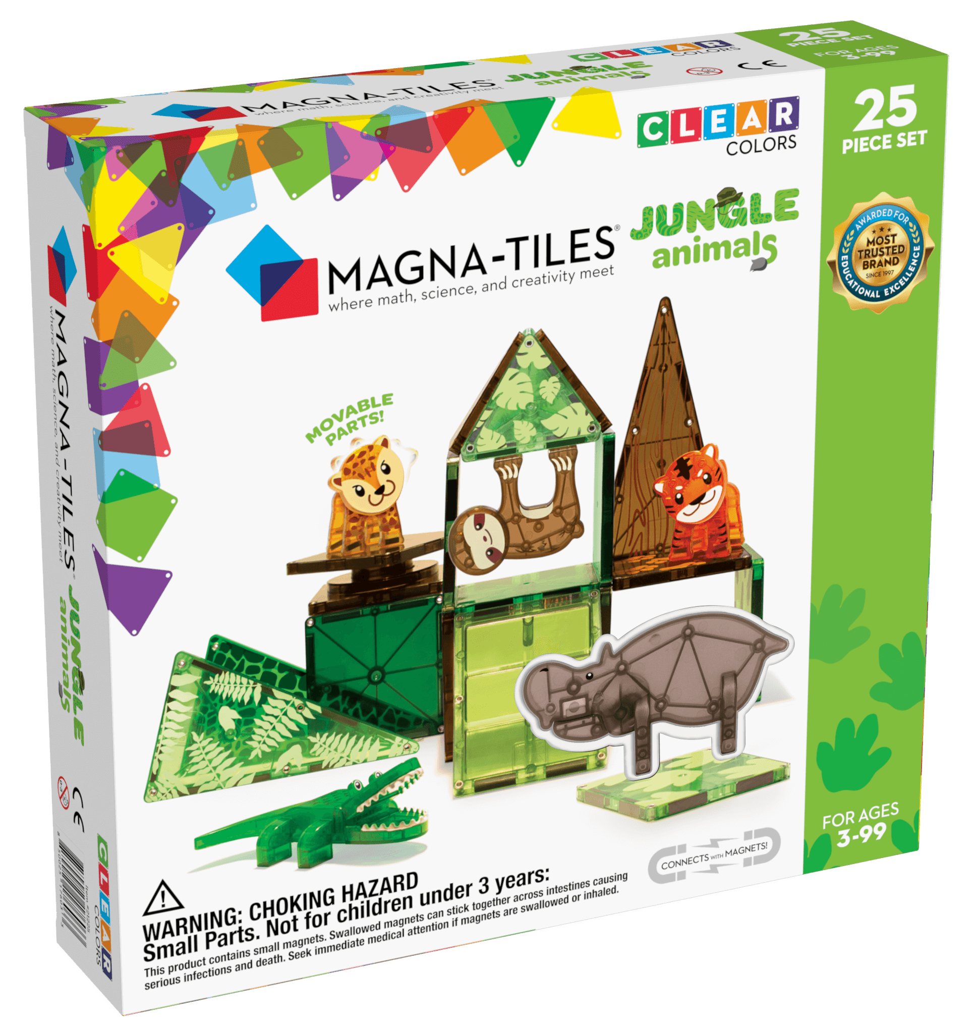 A box of the MAGNA-TILES® Jungle Animals 25 Piece Set by Magnatiles, featuring 25 clear-colored magnetic tiles. Perfect for hands-on play, the box includes images of the animal figures and a warning label for choking hazards.