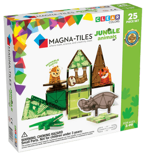 A box of the MAGNA-TILES® Jungle Animals 25 Piece Set by Magnatiles, featuring 25 clear-colored magnetic tiles. Perfect for hands-on play, the box includes images of the animal figures and a warning label for choking hazards.