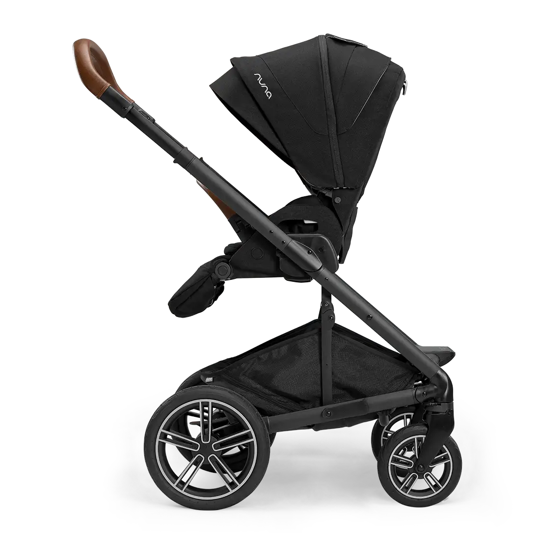 A side view of the black and brown Nuna MIXX Next Stroller showcases its canopy, large wheels, and MagneTech Secure Snap™. Expertly crafted with a compact fold for effortless transport.