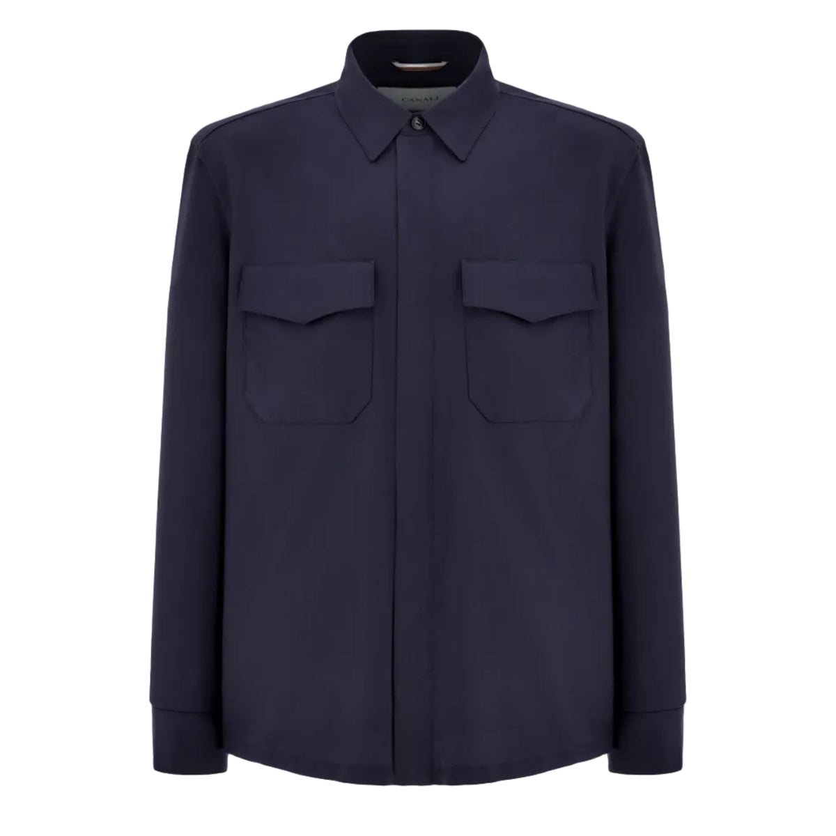Canali Relaxed Fit Overshirt in dark navy, featuring a relaxed fit, long sleeves, and two flap chest pockets for a versatile casual look.