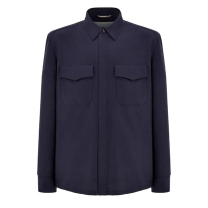 Canali Relaxed Fit Overshirt in dark navy, featuring a relaxed fit, long sleeves, and two flap chest pockets for a versatile casual look.