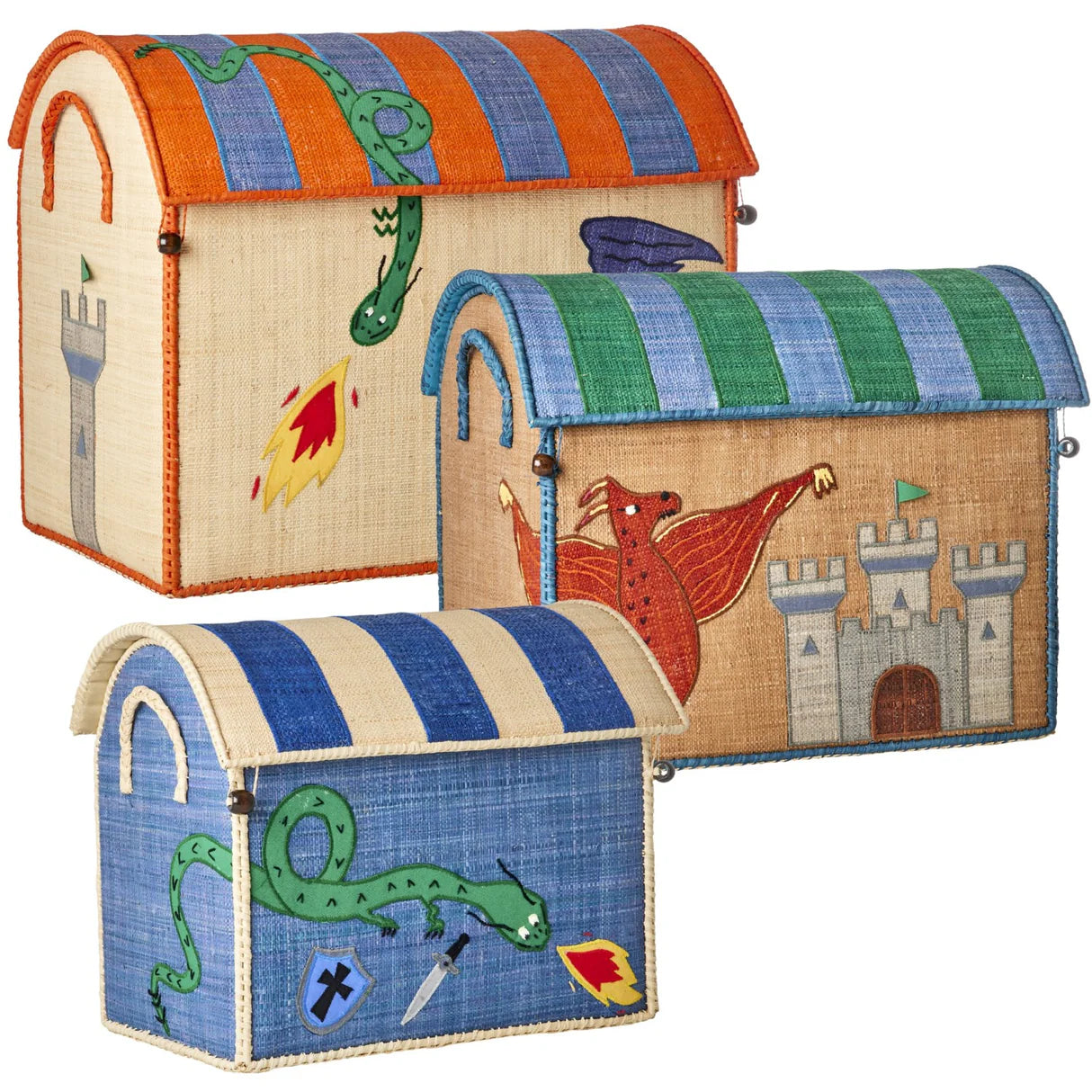 Three Rice Raffia Toy Baskets, handcrafted in Madagascar by the brand Rice, feature medieval designs with intricate details: a dragon on a blue and orange basket, a red dragon on a tan basket, and a blue dragon along with a castle on a blue and green basket. Made from natural materials, these baskets are truly valuable treasures.