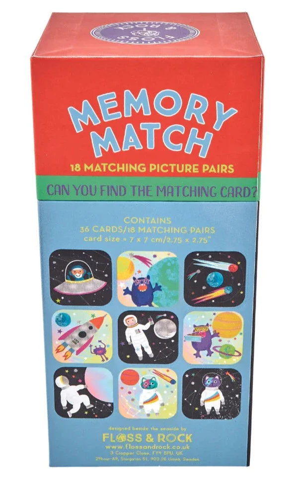 Image of a rectangular box labeled "Floss & Rock Memory Match, Space" containing 36 cards/18 matching pairs. The box features an outer space theme with astronauts, planets, and spaceships. Designed to boost cognitive skills, it's made by Floss and Rock.