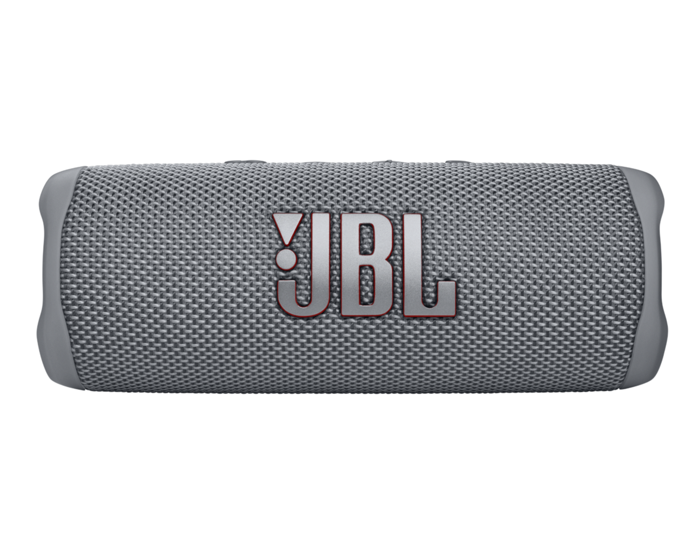 The JBL Flip 6 Waterproof Bluetooth Speaker features a prominent logo on its gray mesh texture, delivering powerful sound for portable use.