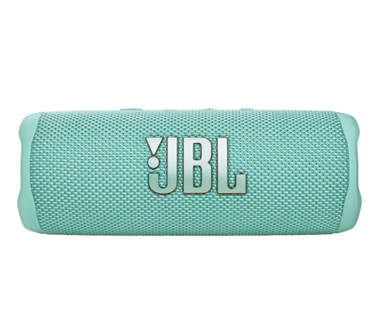 The JBL Flip 6 Waterproof Bluetooth Speaker in teal features a textured design with a silver JBL logo, delivering powerful sound for any adventure.