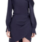 A person wearing a Simkhai Cameron One Shoulder Mini Dress featuring a stylish cold shoulder and long sleeve in dark blue.