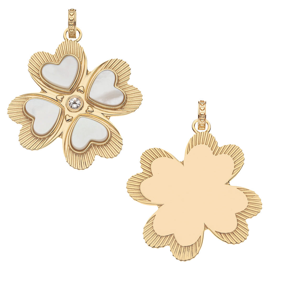 Jane Win’s Pendant Necklace Collection features a gold four-leaf clover pendant—one side has four heart-shaped white inlays with a central gem, the other is plain gold. A meaningful piece perfect for milestones or as a unique coin pendant alternative.