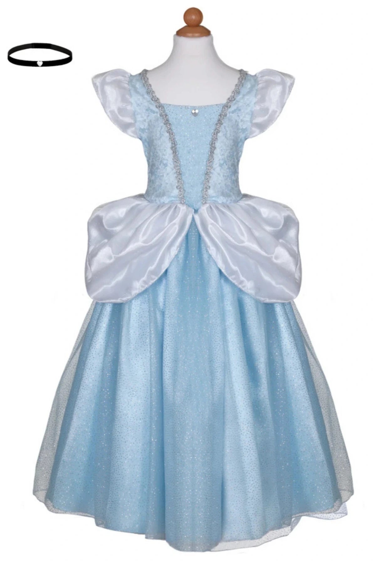 The Deluxe Cinderella Gown by Great Pretenders features light blue and white satin with puffed sleeves, silver trim, an overlay, and includes a simple black choker displayed in the corner.