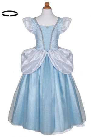 The Deluxe Cinderella Gown by Great Pretenders features light blue and white satin with puffed sleeves, silver trim, an overlay, and includes a simple black choker displayed in the corner.