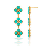 Berry Clover Linear Earrings by Juliska Capucine De Wulf feature three turquoise flower clusters with five oval stones and a textured gold center. This stunning gemstone jewelry is displayed in front and side views on a white background.