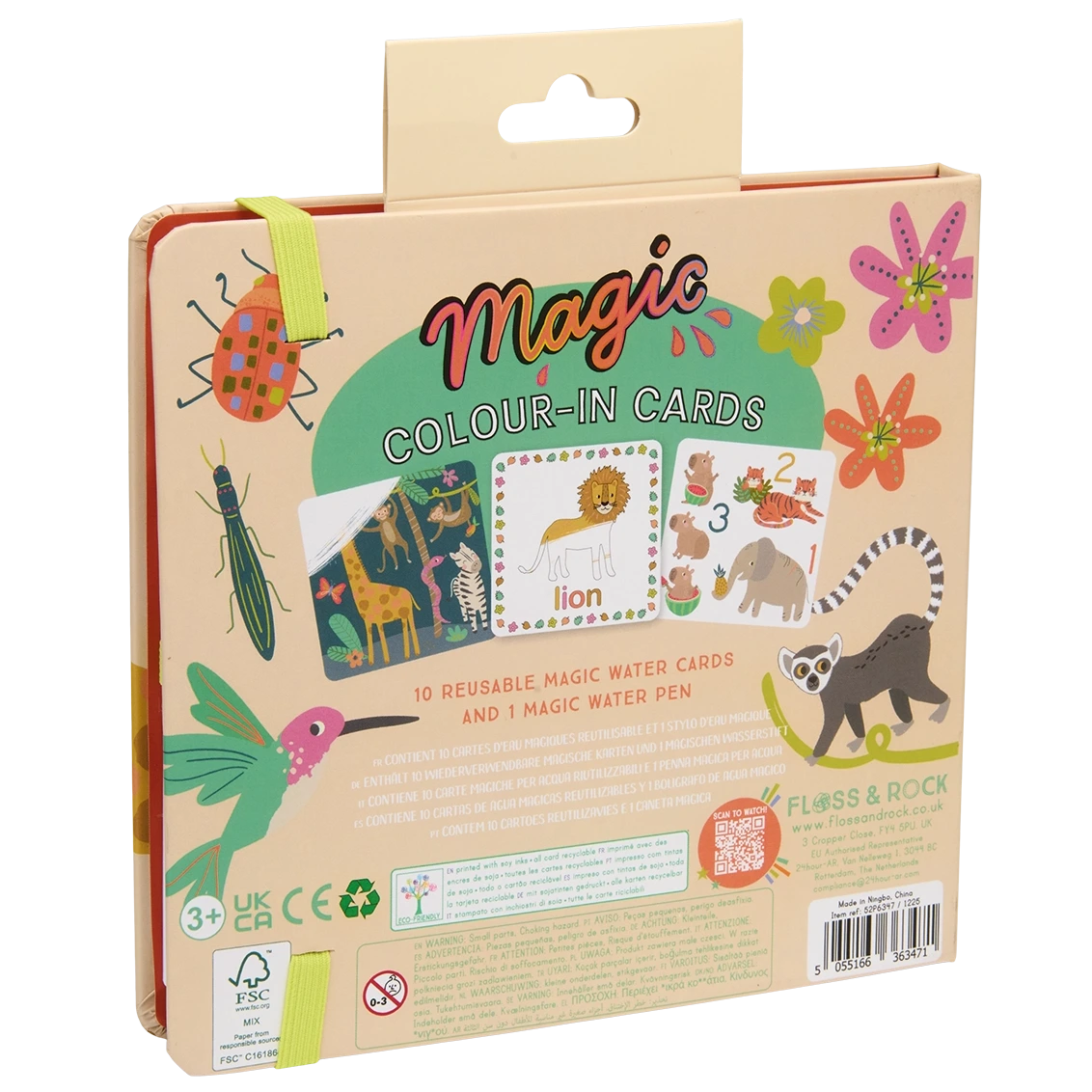 Back of a Floss and Rock Jungle Water Pen & Cards set featuring illustrations of animals and flowers, along with reusable cards and a magic water pen for children aged 3 and up. Ideal as a travel toy, these color-changing water cards provide mess-free creative fun wherever you go.