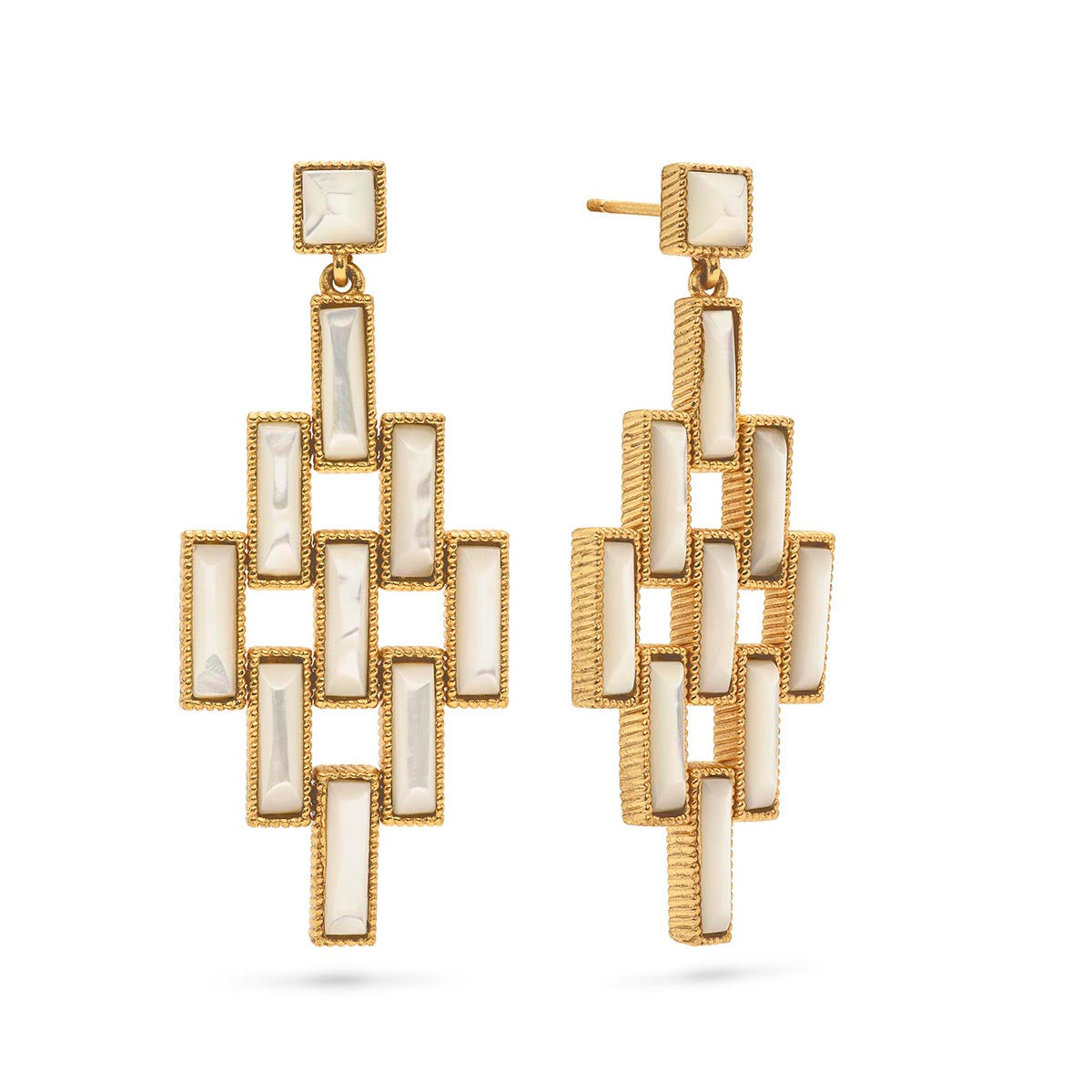 The Juliska Capucine De Wulf Pathway Post Drop Earrings feature a gold-tone geometric design with overlapping rectangular mother-of-pearl inlays for a unique statement look.