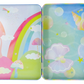 The Fantasy Magnetic Playtime Tin by Floss and Rock is an open magnetic tin box with a pastel-colored design featuring rainbows, clouds, mushrooms, bubbles, a seashell, and a seashell horn adorning the inside surfaces. Crafted from recycled materials, this charming box is perfect for storing your favorite treasures.