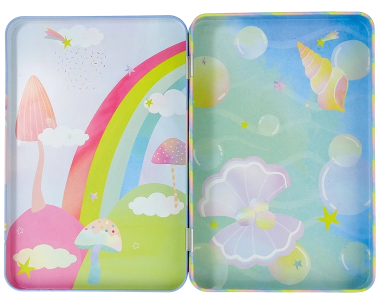 The Fantasy Magnetic Playtime Tin by Floss and Rock is an open magnetic tin box with a pastel-colored design featuring rainbows, clouds, mushrooms, bubbles, a seashell, and a seashell horn adorning the inside surfaces. Crafted from recycled materials, this charming box is perfect for storing your favorite treasures.