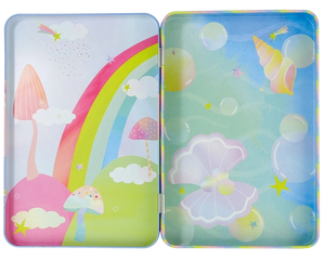 The Fantasy Magnetic Playtime Tin by Floss and Rock is an open magnetic tin box with a pastel-colored design featuring rainbows, clouds, mushrooms, bubbles, a seashell, and a seashell horn adorning the inside surfaces. Crafted from recycled materials, this charming box is perfect for storing your favorite treasures.