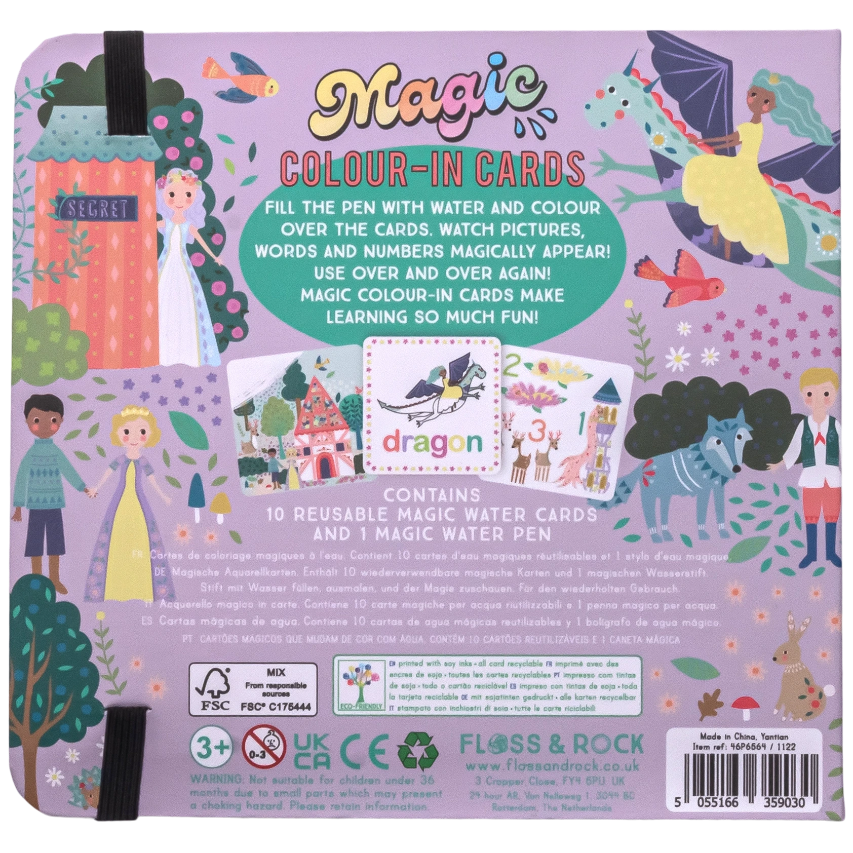 Back of a “Fairy Tale Water Pen & Cards” box featuring illustrated fairy tale scenes, product information, age suitability (3+), and Floss and Rock branding. These reusable cards transform coloring into a fun, water-activated travel activity for children—perfect for creative adventures on the go.