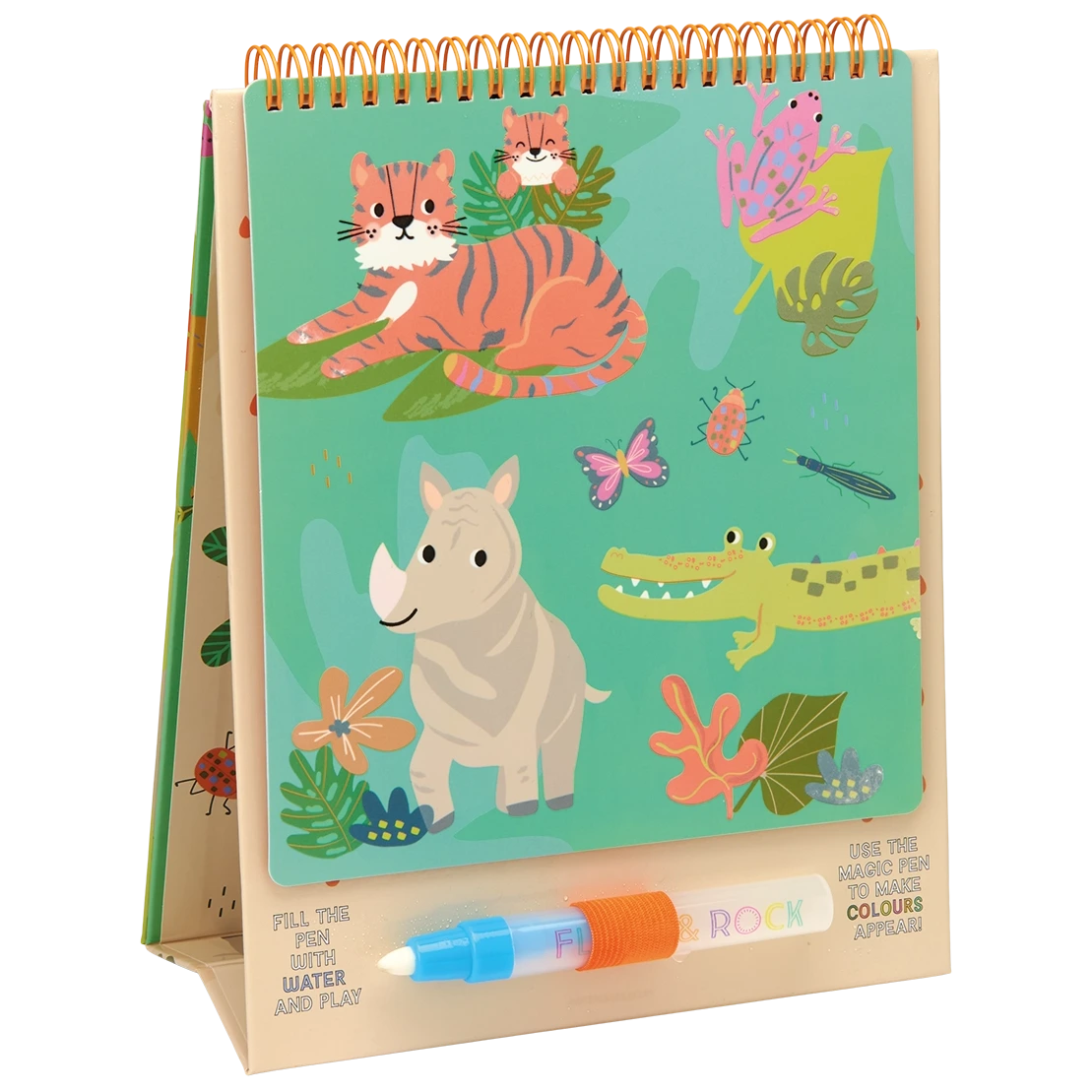 The Floss and Rock Magic Color Changing Watercard Easel and Pen - Jungle is a spiral-bound, reusable coloring pad featuring playful illustrations of a tiger, rhinoceros, crocodile, butterfly, and jungle plants. Designed to stand upright with its included blue refillable water pen in front, this portable kids art set offers mess-free creativity anytime, anywhere.