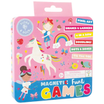 Introducing the Floss and Rock Magnetic Fun & Games Tin - Rainbow Fairy: a pink tin box adorned with unicorns, rainbows, and playful cartoon girls. This delightful set features classic travel games for kids, including Pixel Art, Snakes & Ladders, 4 in a Row, Doodling, Dots & Boxes, and Tic Tac Toe. Perfect for fans of rainbow fairy toys and on-the-go entertainment!.