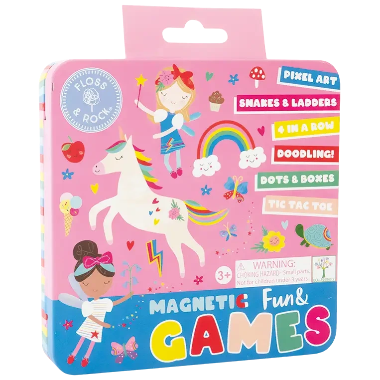 Introducing the Floss and Rock Magnetic Fun & Games Tin - Rainbow Fairy: a pink tin box adorned with unicorns, rainbows, and playful cartoon girls. This delightful set features classic travel games for kids, including Pixel Art, Snakes & Ladders, 4 in a Row, Doodling, Dots & Boxes, and Tic Tac Toe. Perfect for fans of rainbow fairy toys and on-the-go entertainment!.