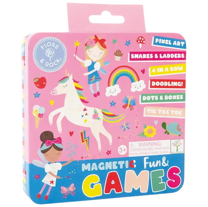 Introducing the Floss and Rock Magnetic Fun & Games Tin - Rainbow Fairy: a pink tin box adorned with unicorns, rainbows, and playful cartoon girls. This delightful set features classic travel games for kids, including Pixel Art, Snakes & Ladders, 4 in a Row, Doodling, Dots & Boxes, and Tic Tac Toe. Perfect for fans of rainbow fairy toys and on-the-go entertainment!.