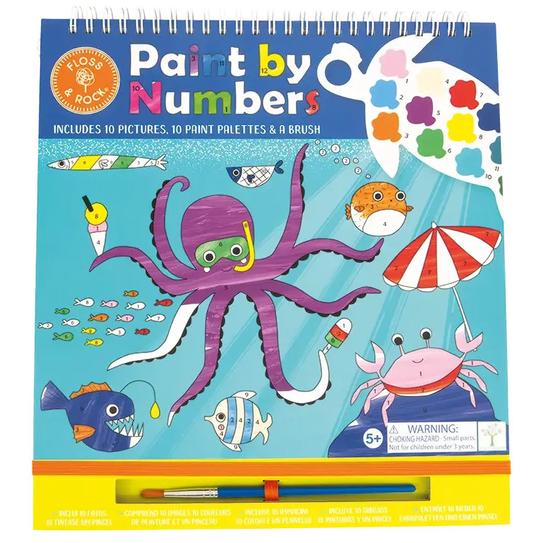 The Paint By Numbers – Ocean kit by Floss and Rock features illustrated sea creatures like an octopus, fish, and crab on the cover, with paint palettes displayed at the top right—a perfect art kit for kids to enjoy hours of creative fun.