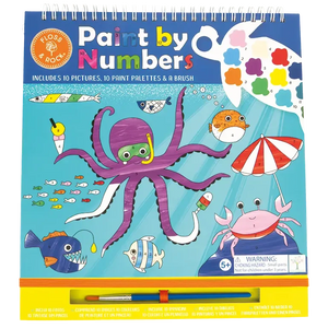 The Paint By Numbers – Ocean kit by Floss and Rock features illustrated sea creatures like an octopus, fish, and crab on the cover, with paint palettes displayed at the top right—a perfect art kit for kids to enjoy hours of creative fun.