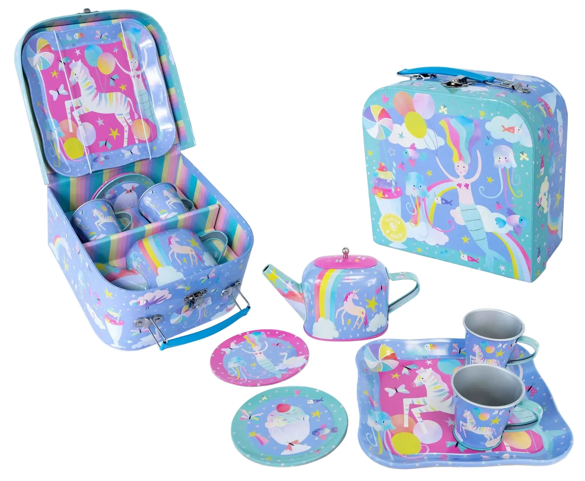 Bring imaginative play to life with the Floss and Rock Fantasy 7-Piece Tin Tea Set, featuring enchanting unicorn and rainbow designs in pastel colors. This charming set includes cups, saucers, a teapot, trays, and a carrying case—making it a delightful gift for children who love magical pretend tea parties.