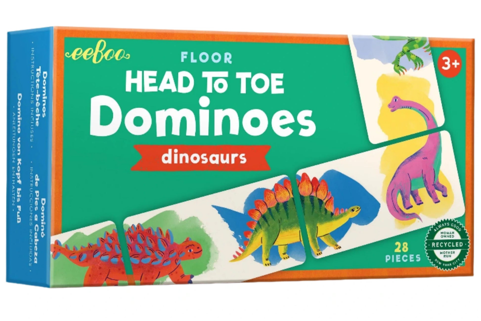 A box of Eeboo Dinosaur Head to Toe Dominoes, a matching game with 28 pieces and dinosaur illustrations, perfect for ages 3 and up.