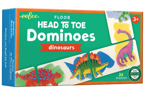 A box of Eeboo Dinosaur Head to Toe Dominoes, a matching game with 28 pieces and dinosaur illustrations, perfect for ages 3 and up.