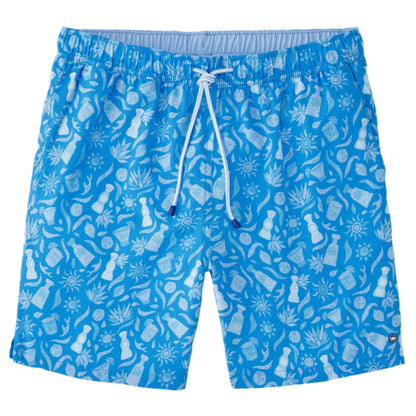 The Saltwater Spirits Swim Trunk by Peter Millar showcases an exclusive hand-designed print with tropical icons like pineapples, suns, and sandals. It features a white drawstring and is crafted from four-way stretch fabric for ultimate comfort.