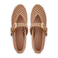 Top view of a pair of tan Alchemy Ballerina shoes by Zimmermann with braided weaving, gold hardware buckles, and brown insoles.