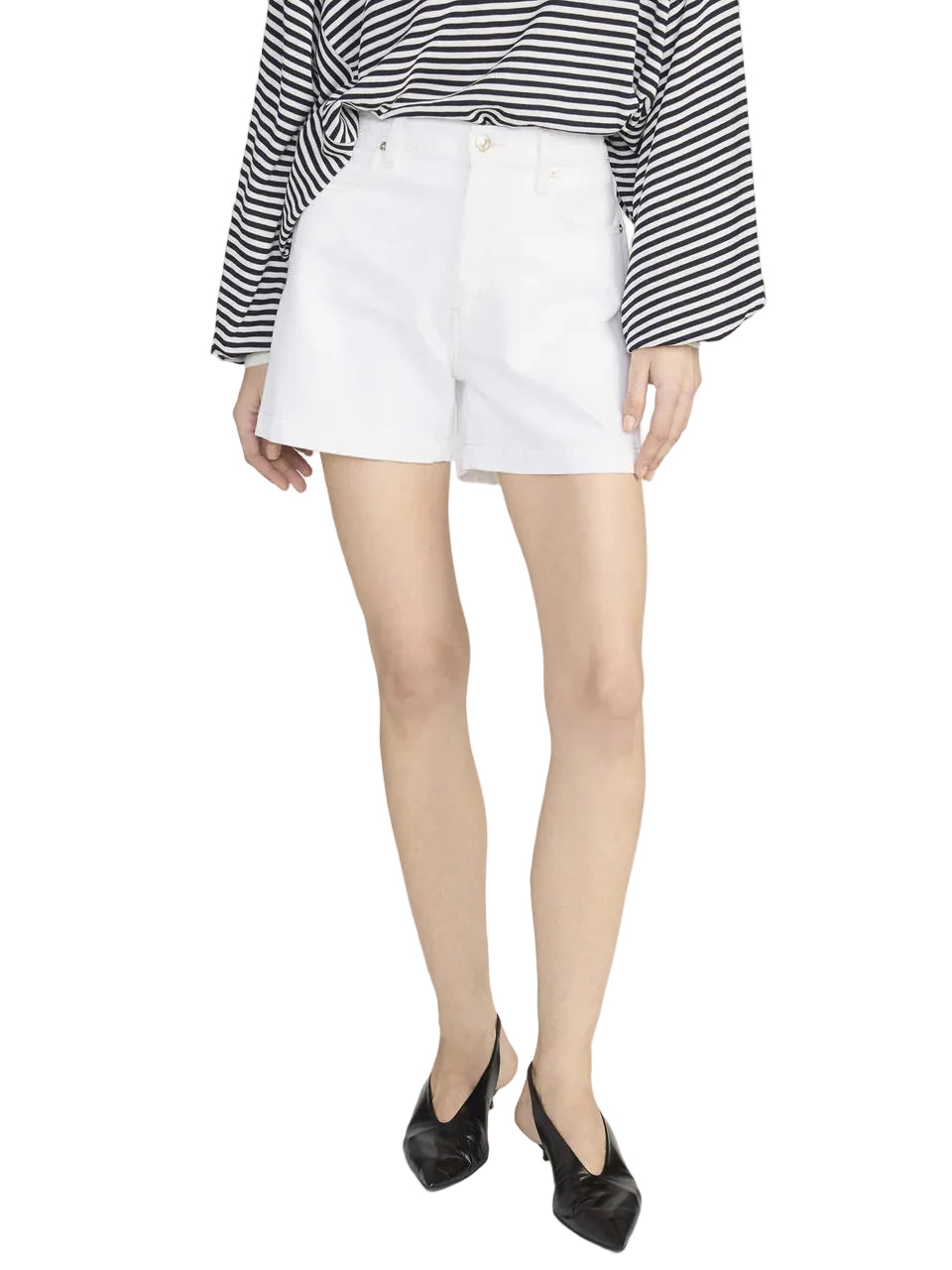 A person in a black-and-white striped long-sleeve shirt, Frame's The Everyday Short (pure cotton, high-rise, 4" inseam), and black shoes stands against a white background.