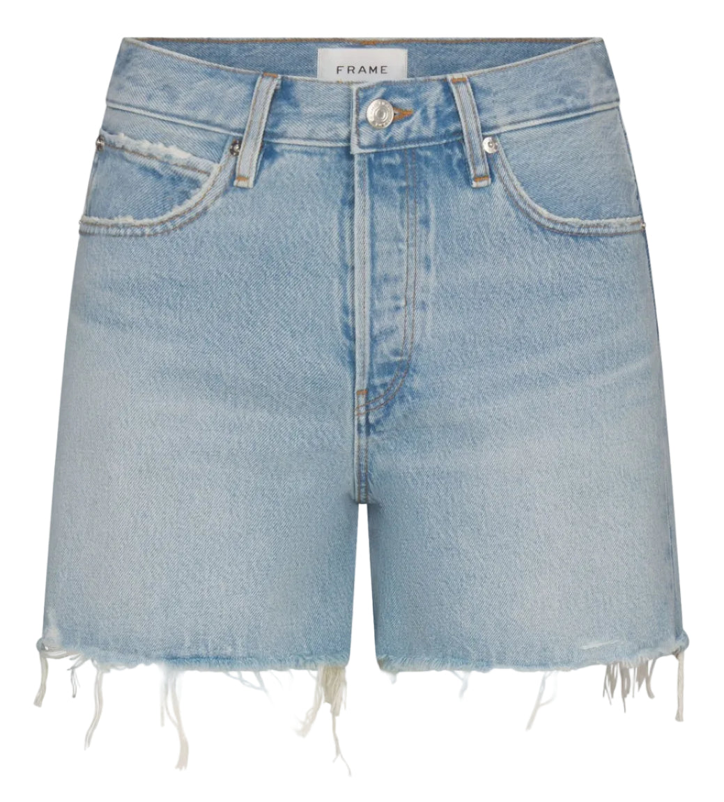 The Everyday Short by Frame features light blue pure cotton denim, a 4" inseam, frayed hem, five pockets, belt loops, and front button and zip closure.