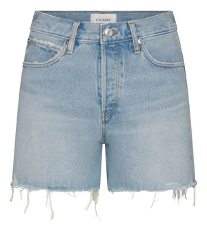 The Everyday Short by Frame features light blue pure cotton denim, a 4" inseam, frayed hem, five pockets, belt loops, and front button and zip closure.