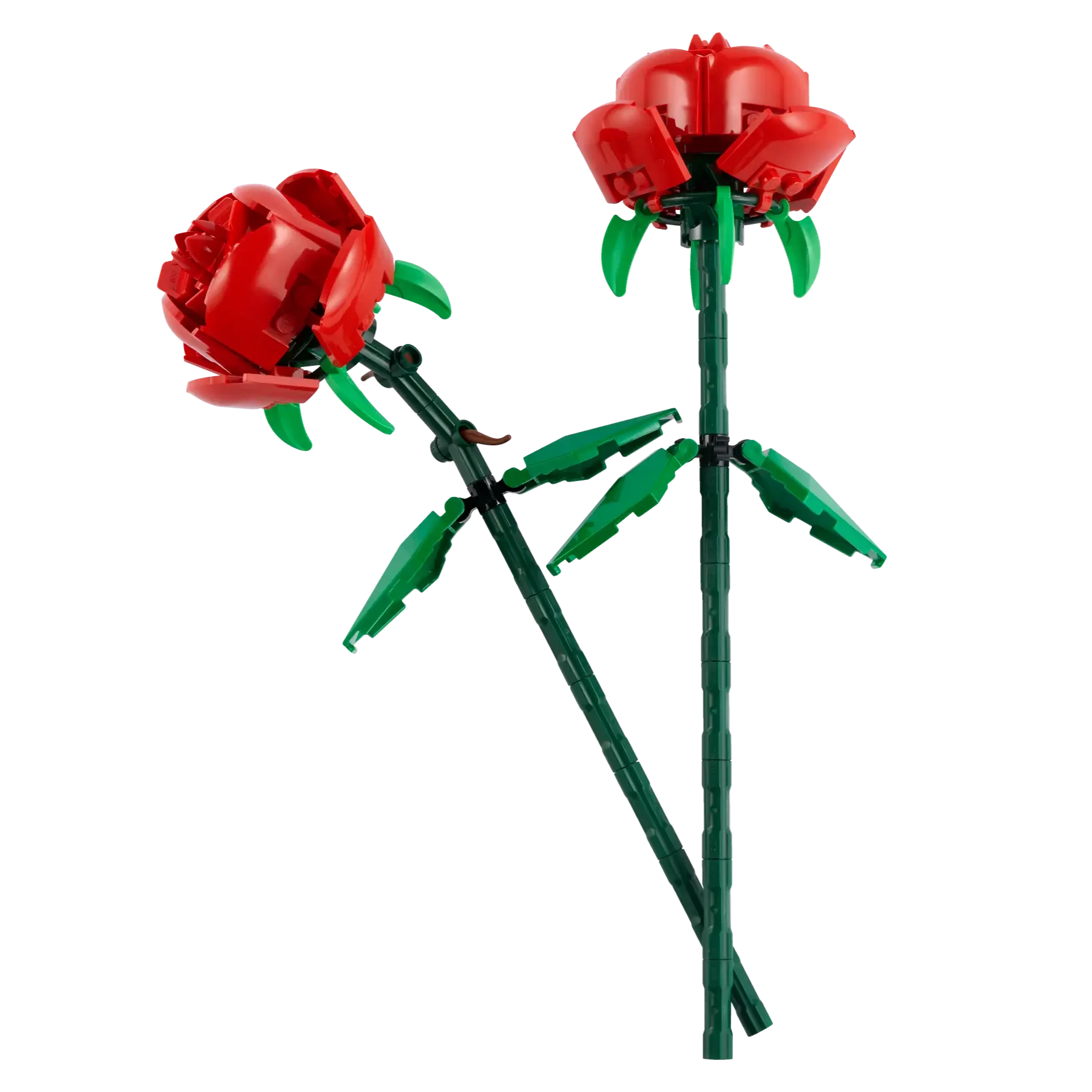 Two LEGO® Roses from Legos - Toyhouse, featuring red petals and green stems/leaves, arranged on a transparent background—ideal for Valentine's Day.