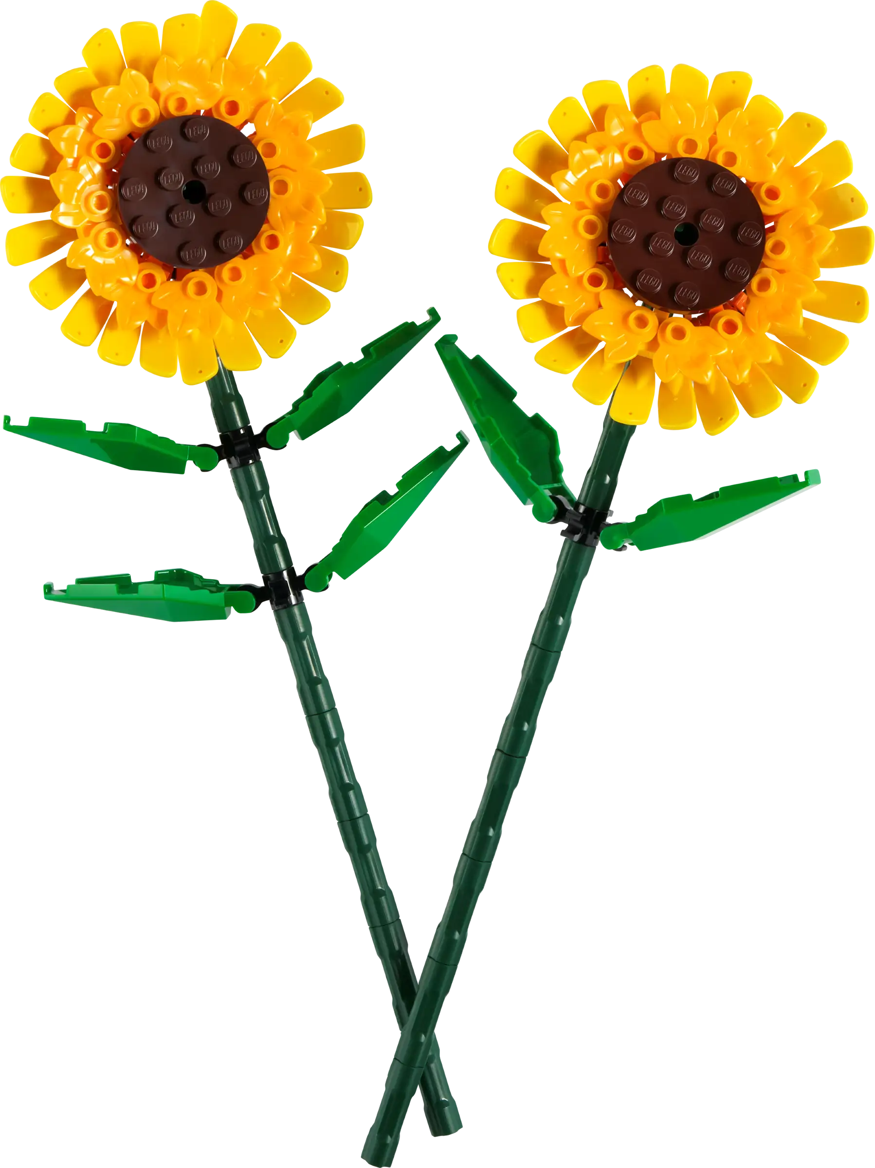 The LEGO® Sunflowers by Legos - Toyhouse offer a vibrant display with two plastic sunflowers featuring yellow petals, brown centers, and lush green stems and leaves. These cheerful blooms evoke the playful nature of a LEGO building kit, adding warmth to any setting.