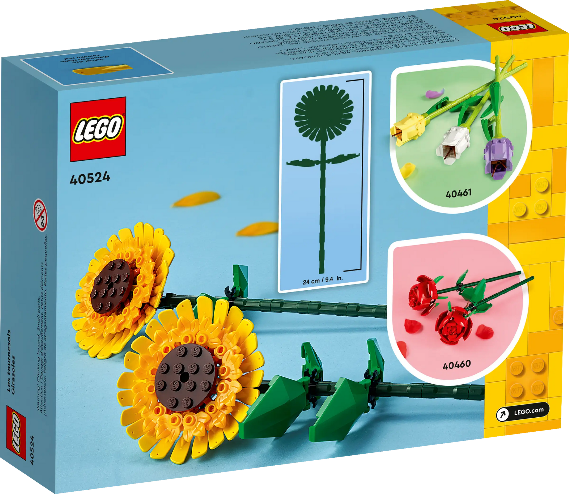 The LEGO® Sunflowers box from Legos - Toyhouse showcases vibrant sunflowers on a blue background, with inset images of other flower sets and a dimension diagram, making it an ideal addition for enthusiasts.