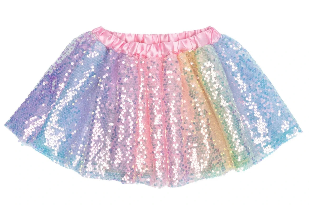 The Great Pretenders Ombre Sequins Skirt features a pastel rainbow gradient with sequins and a pink satin waistband.