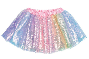 The Great Pretenders Ombre Sequins Skirt features a pastel rainbow gradient with sequins and a pink satin waistband.
