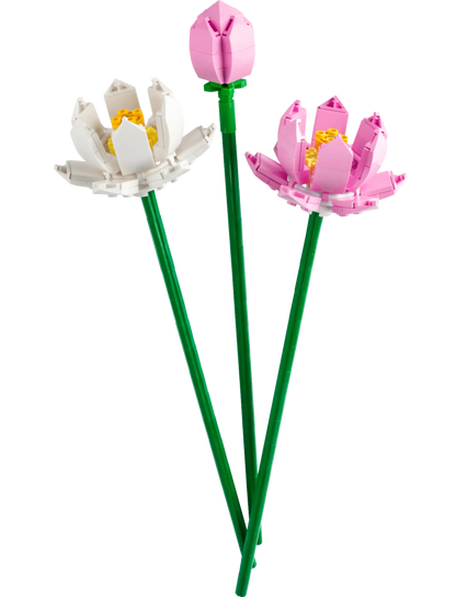 Discover the allure of LEGO® Lotus Flowers by Legos - Toyhouse, showcasing three stunning blooms: a white open blossom, a vibrant pink flower, and an elegant pink bud on green stems. Ideal for fans of buildable LEGO flower sets!.