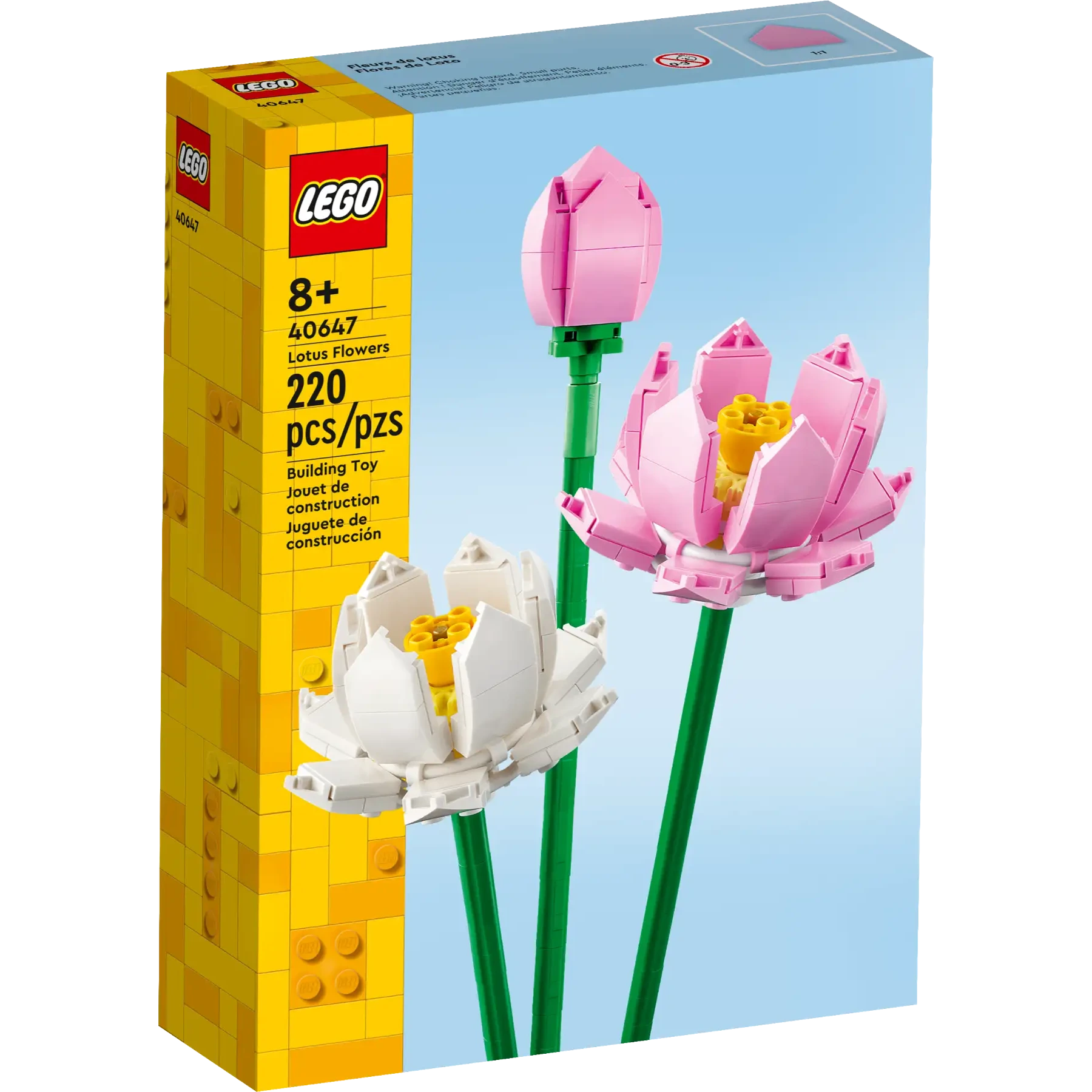 Explore the LEGO® Lotus Flowers set (model 40647) from Legos - Toyhouse. This 220-piece kit includes two pink and one white flower with green stems, perfect for ages 8+, ideal for enhancing any LEGO bouquet collection.