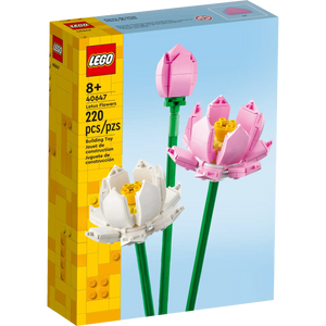 Explore the LEGO® Lotus Flowers set (model 40647) from Legos - Toyhouse. This 220-piece kit includes two pink and one white flower with green stems, perfect for ages 8+, ideal for enhancing any LEGO bouquet collection.