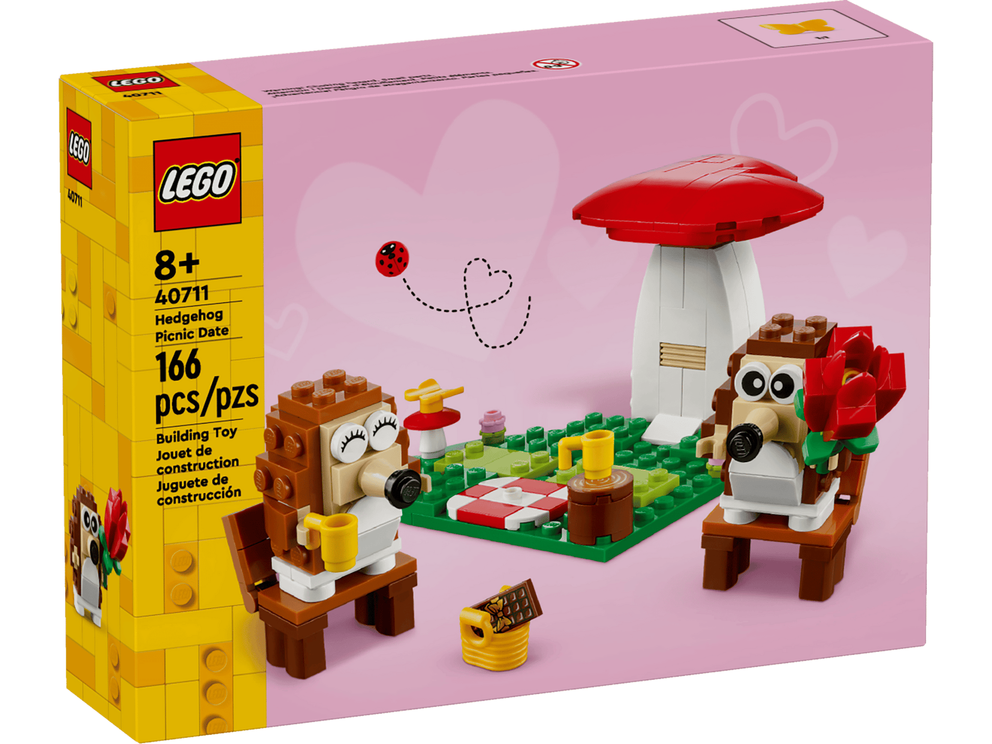 The LEGO® Hedgehog Picnic Date box by Legos - Toyhouse includes 166 pieces to build two hedgehogs, a mushroom, picnic accessories, and a heart backdrop—a charming animal toy set and unique gift for all ages.